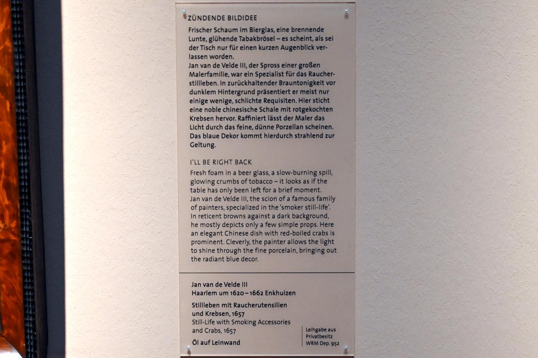 Jan Jansz van de Velde (1647–1657), Stillleben mit Raucherutensilien und Krebsen, Köln, Wallraf-Richartz-Museum, Barock - Saal 5, 1657, Bild 2/2