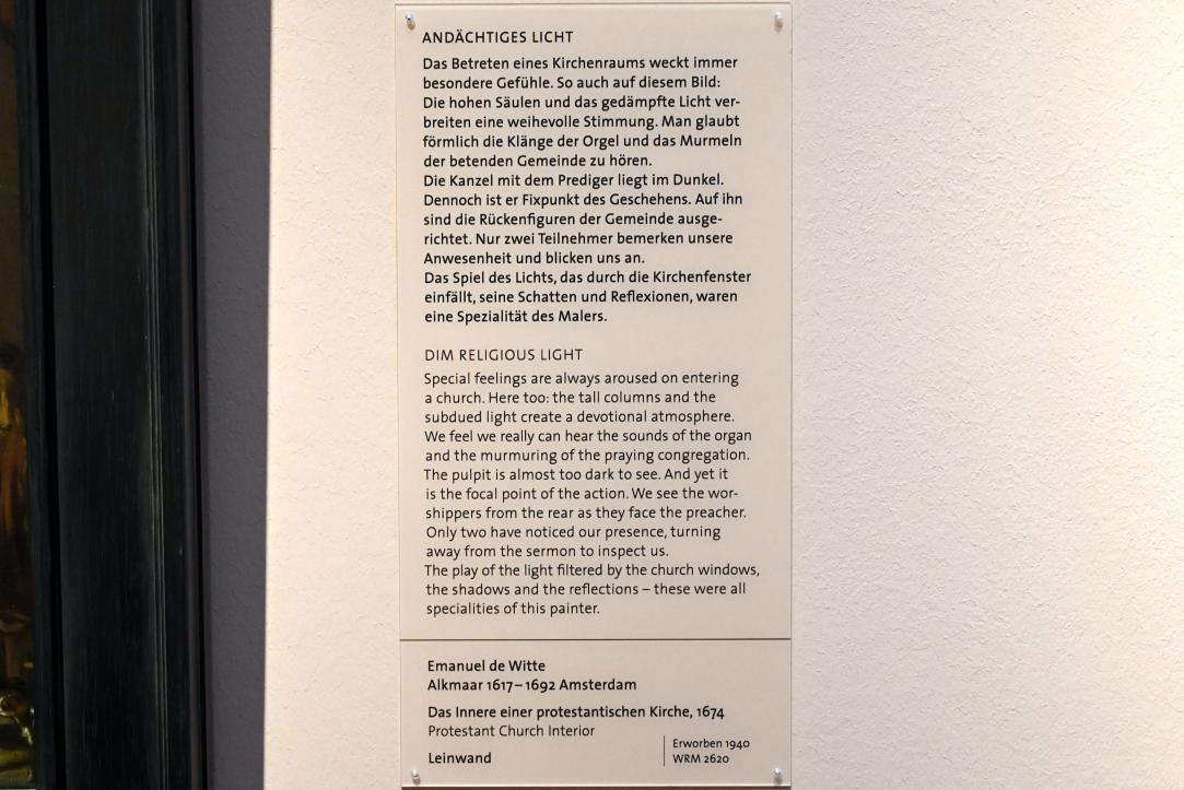 Emanuel de Witte (1650–1680), Das Innere einer protestantischen Kirche, Köln, Wallraf-Richartz-Museum, Barock - Saal 5, 1674, Bild 2/2