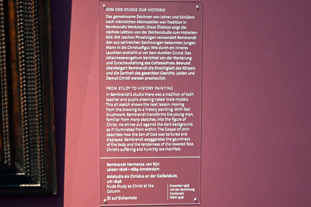 Rembrandt (Rembrandt Harmenszoon van Rijn) (1627–1669), Aktstudie als Christus an der Geißelsäule, Köln, Wallraf-Richartz-Museum, Barock - Saal 8, um 1646, Bild 2/2