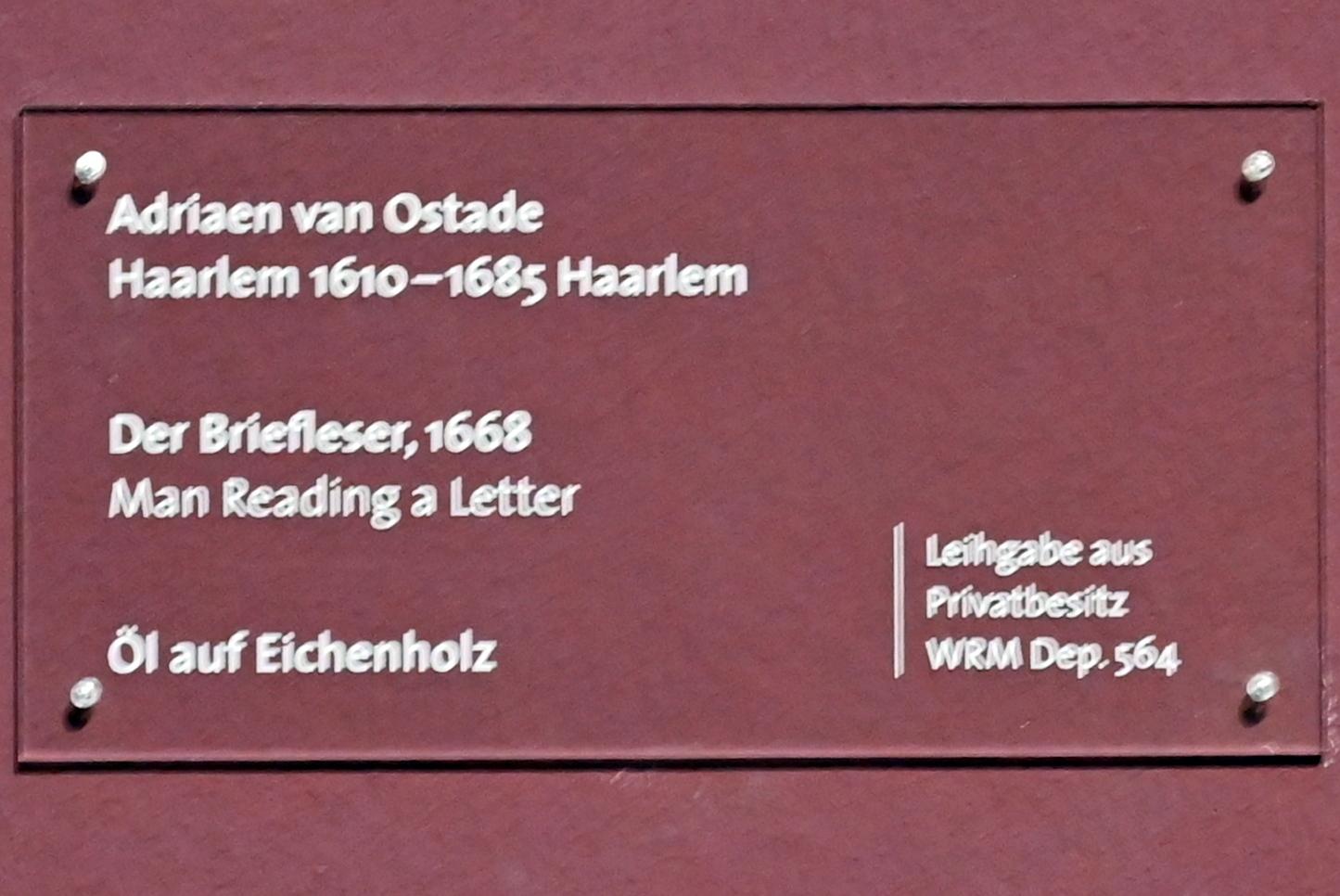 Adriaen van Ostade (1635–1670), Der Briefleser, Köln, Wallraf-Richartz-Museum, Barock - Saal 8, 1668, Bild 2/2