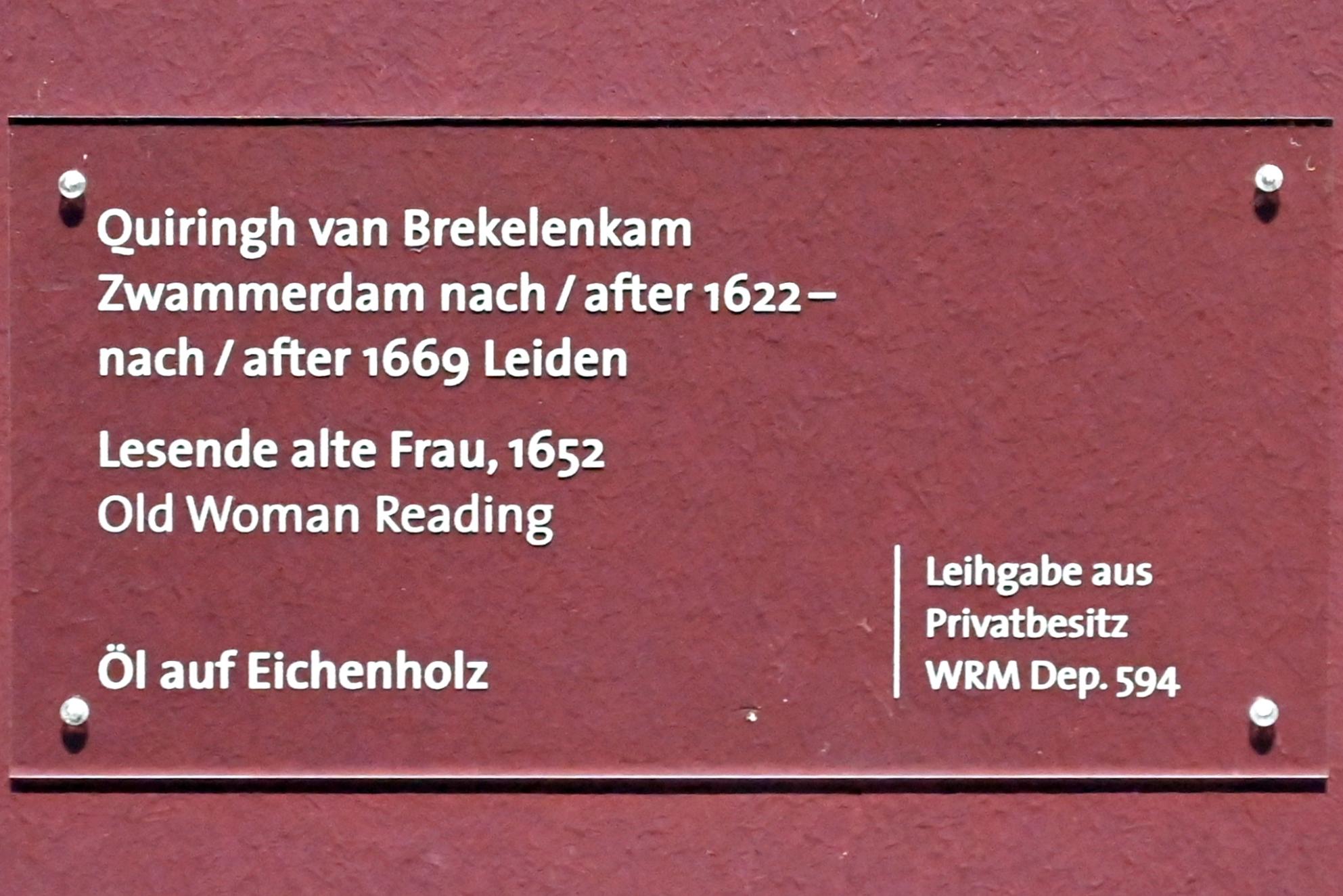 Quiringh Gerritsz van Brekelenkam (1651–1667), Lesende alte Frau, Köln, Wallraf-Richartz-Museum, Barock - Saal 8, 1652, Bild 2/2