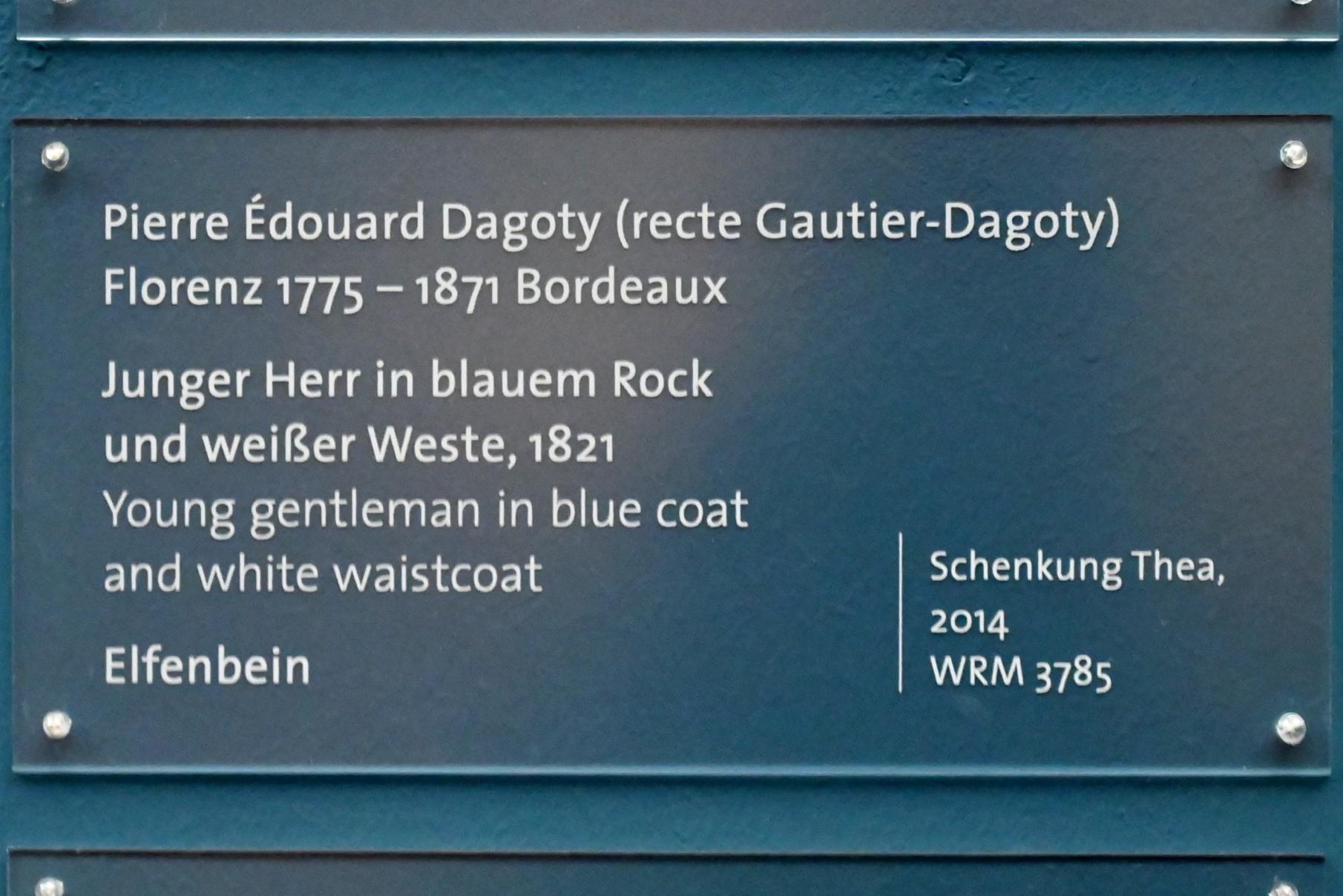 Pierre Edouard Gautier d'Agoty (1821), Junger Herr in blauem Rock und weißer Weste, Köln, Wallraf-Richartz-Museum, Barock - Saal 9, 1821, Bild 2/2