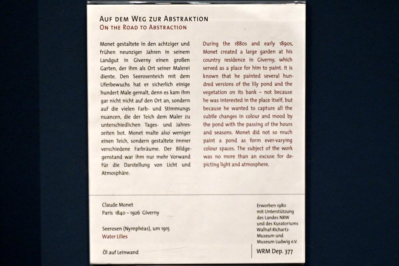 Claude Monet (1864–1925), Seerosen (Nymphéas), Köln, Wallraf-Richartz-Museum, 19. Jahrhundert - Saal 7, um 1915, Bild 2/2