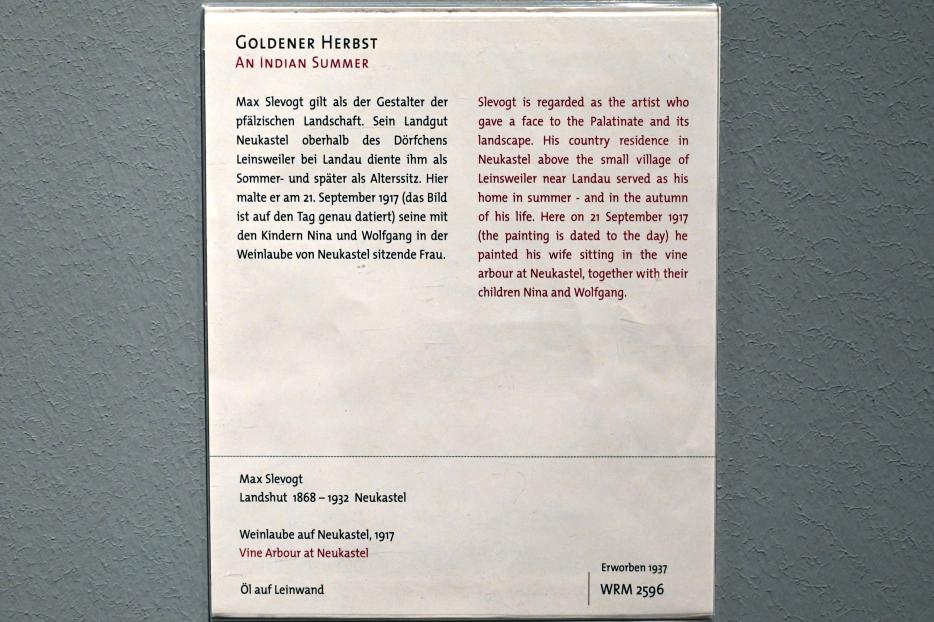 Max Slevogt (1886–1931), Weinlaube auf Neukastel, Köln, Wallraf-Richartz-Museum, 19. Jahrhundert - Saal 8, 1917, Bild 2/2