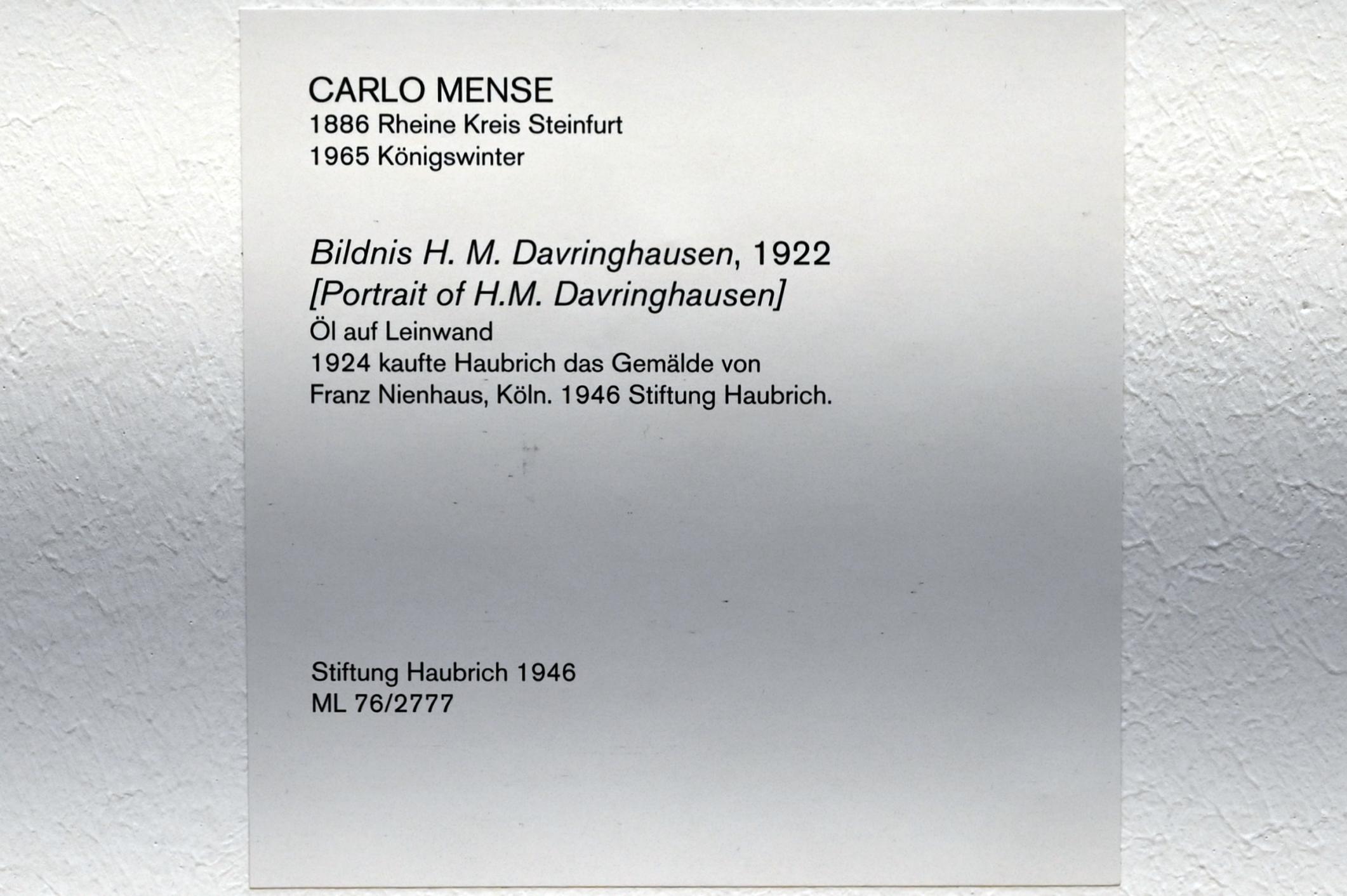 Carlo Mense (1913–1930), Bildnis H. M. Davringhausen, Köln, Museum Ludwig, 02.12, 1922, Bild 2/2