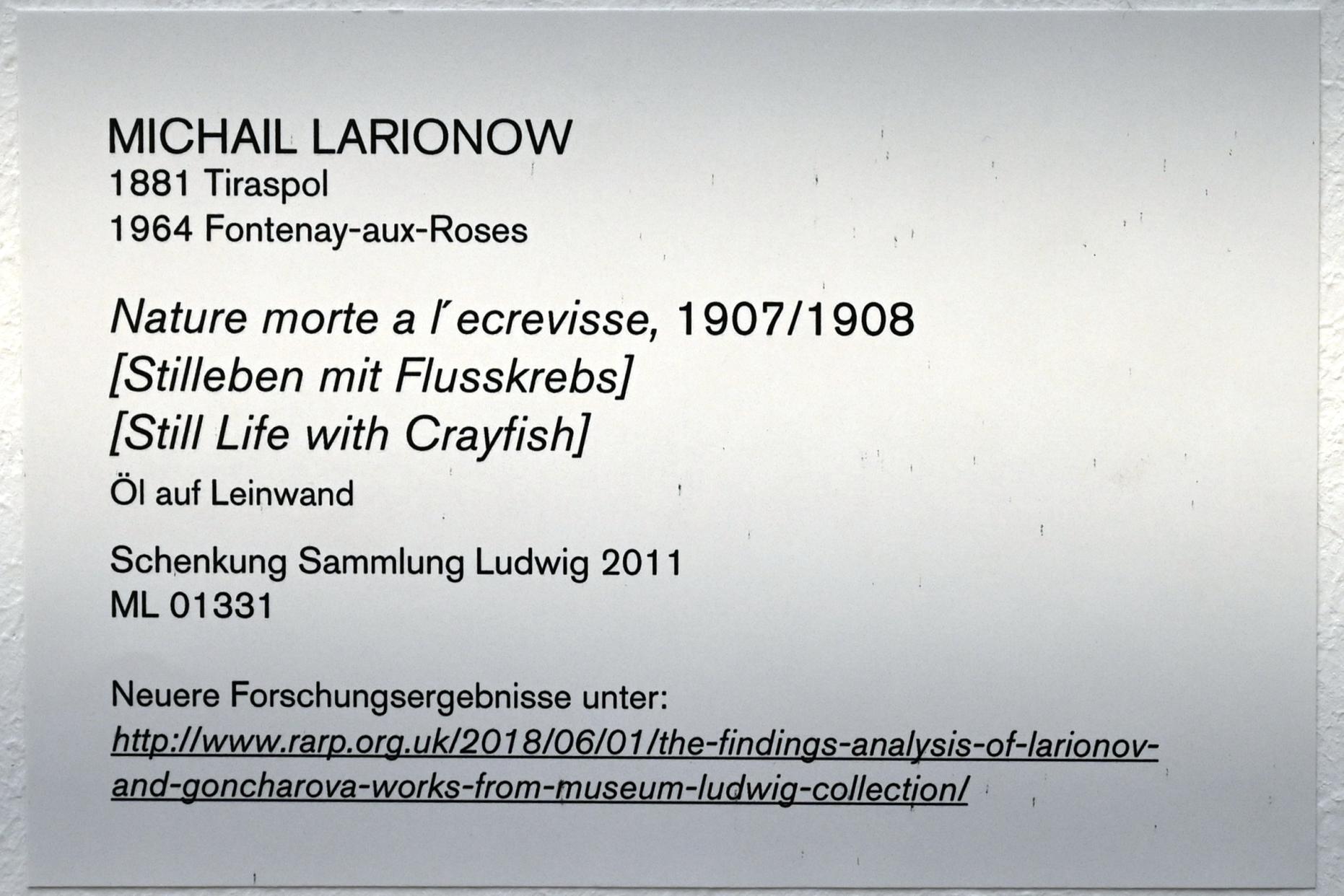 Michail Fjodorowitsch Larionow (1907–1914), Stillleben mit Flusskrebs, Köln, Museum Ludwig, 02.14, 1907–1908, Bild 2/2