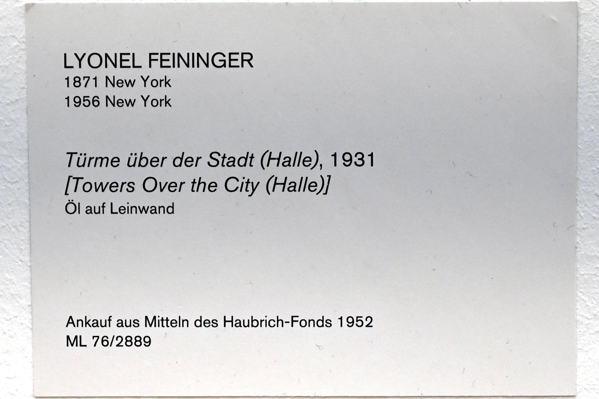 Lyonel Feininger (1907–1940), Türme über der Stadt (Halle), Köln, Museum Ludwig, 02.21, 1931, Bild 2/2