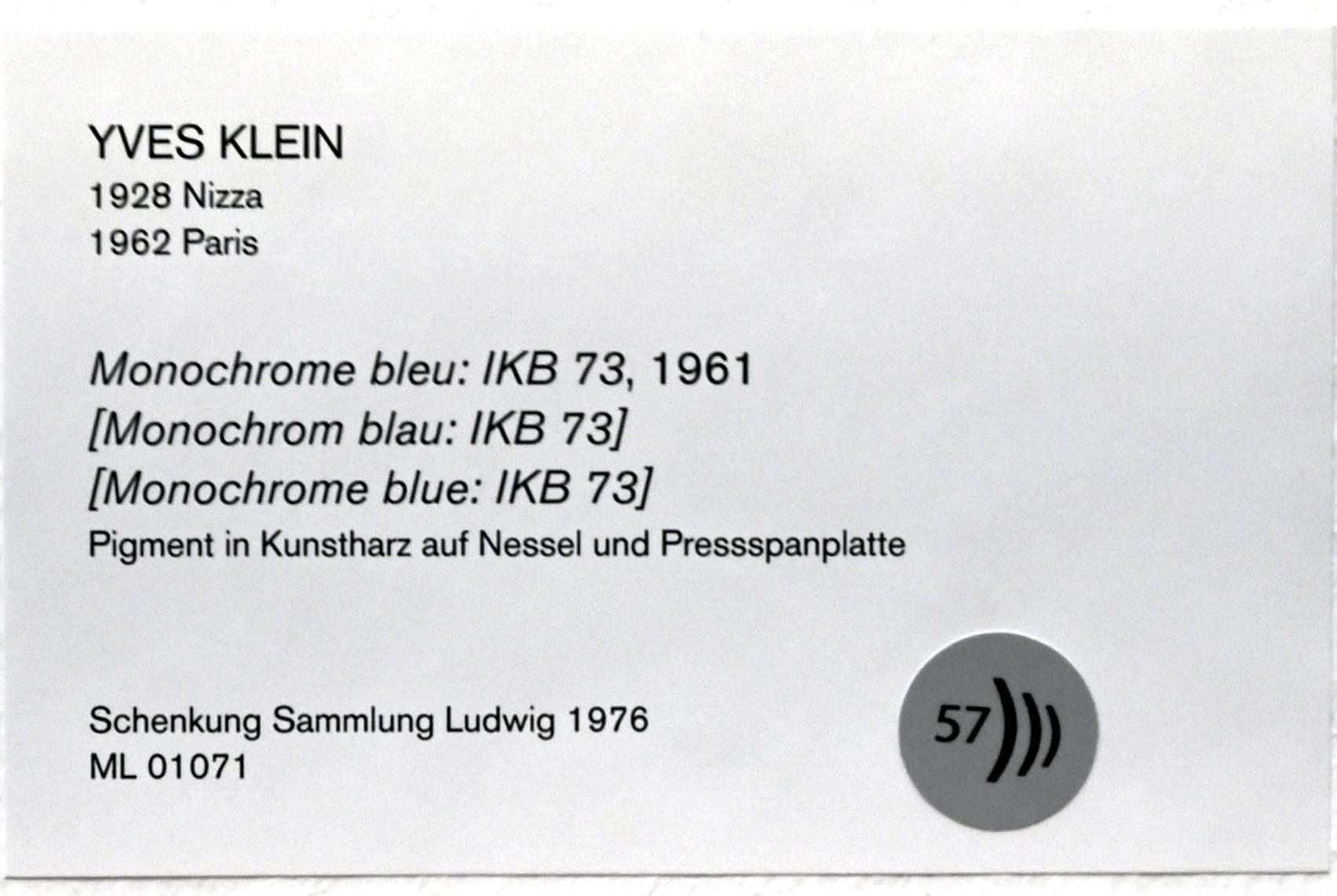 Yves Klein (1956–1962), Monochrom blau: IKB 73, Köln, Museum Ludwig, 01.18, 1961, Bild 2/2