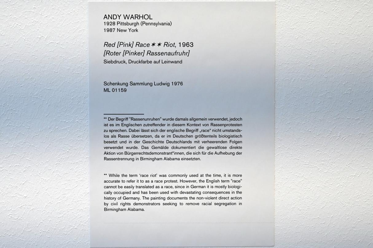 Andy Warhol (1956–1986), Roter [Rosa] Rassenaufruhr, Köln, Museum Ludwig, 01.05, 1968, Bild 2/2
