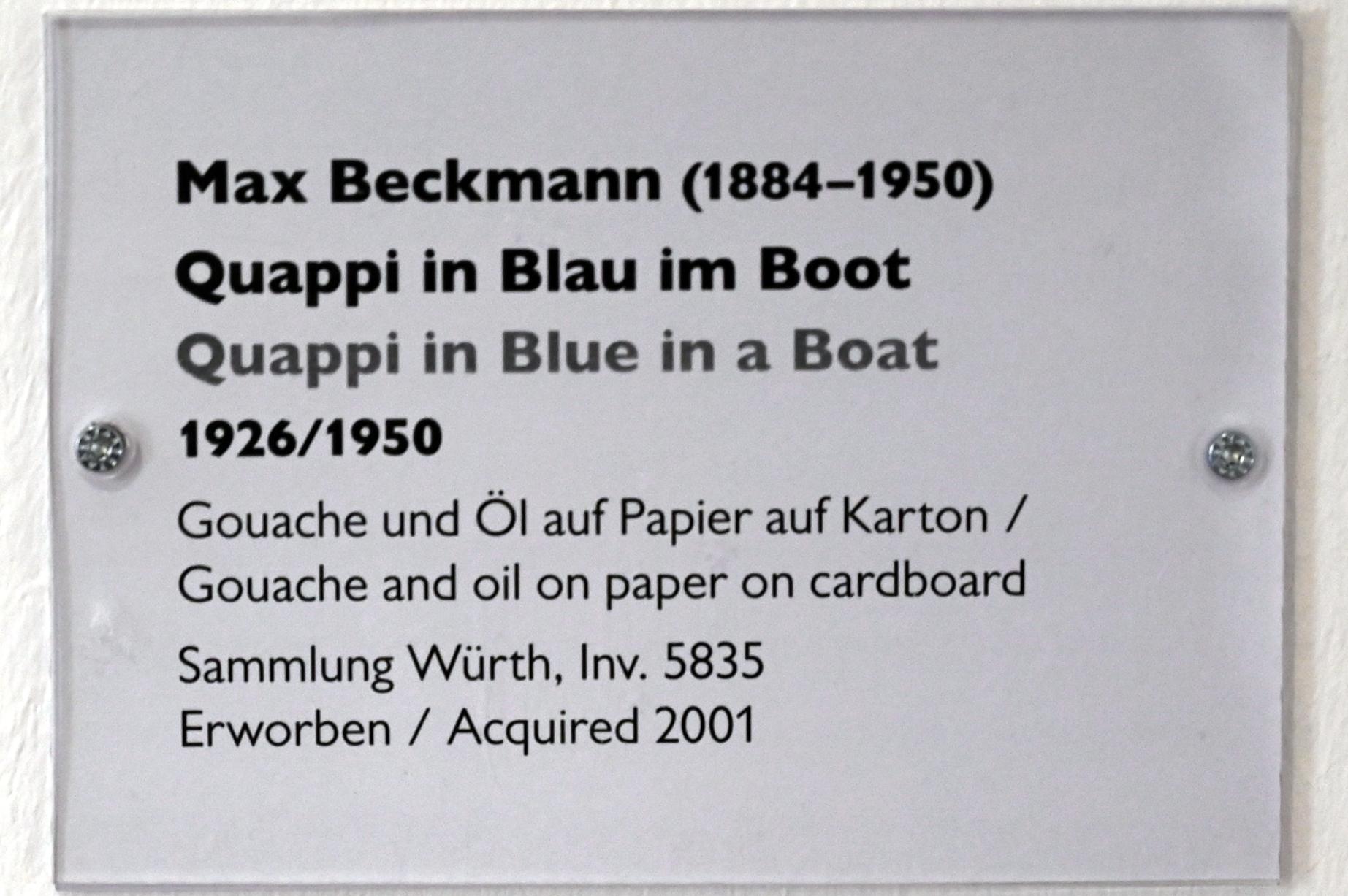 Max Beckmann (1905–1950), Quappi in Blau im Boot, Schwäbisch Hall, Kunsthalle Würth, Ausstellung "Sport, Spaß und Spiel" vom 13.12.2021 - 26.02.2023, Obergeschoß, 1926, Bild 2/2