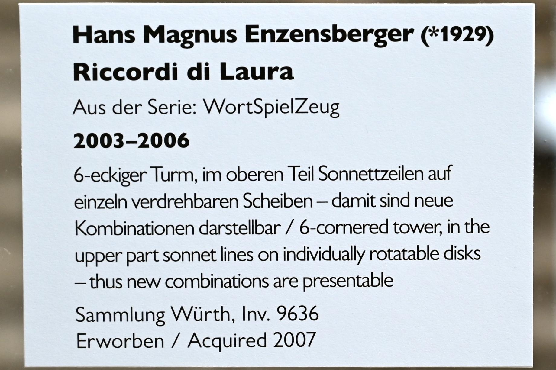 Hans Magnus Enzensberger (2003–2004), Riccordi di Laura, Schwäbisch Hall, Kunsthalle Würth, Ausstellung "Sport, Spaß und Spiel" vom 13.12.2021 - 26.02.2023, Untergeschoß, 2003–2006, Bild 4/4