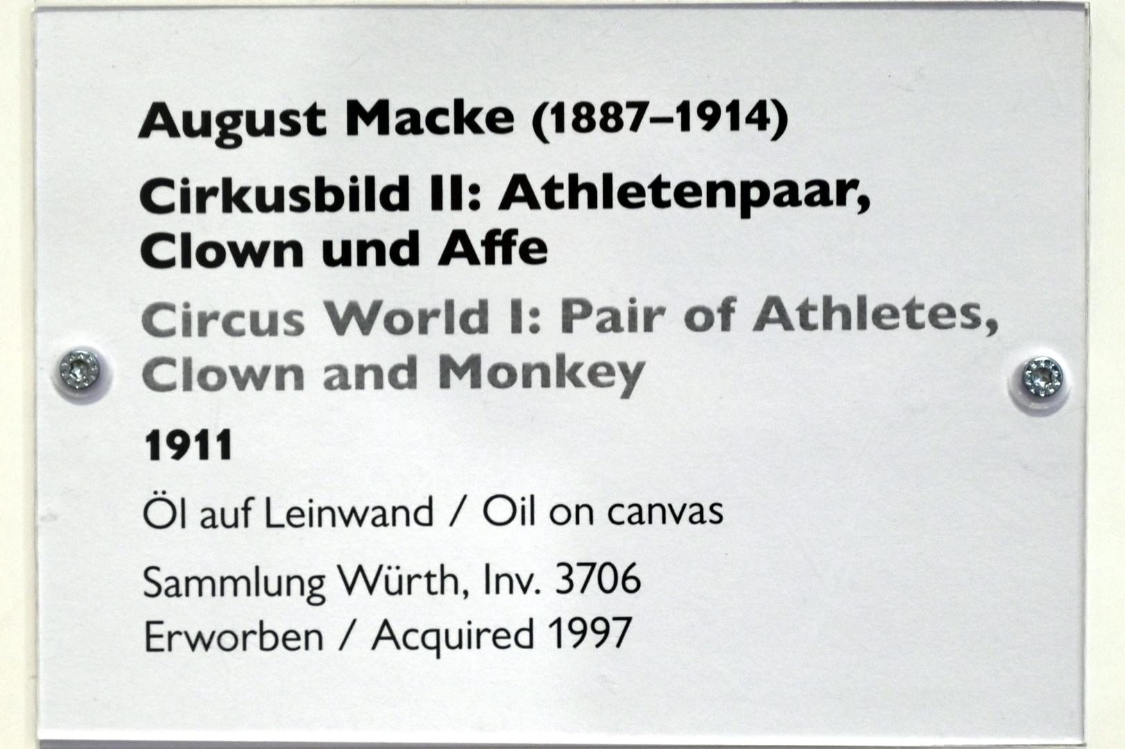 August Macke (1907–1914), Cirkusbild II: Athletenpaar, Clown und Affe, Schwäbisch Hall, Kunsthalle Würth, Ausstellung "Sport, Spaß und Spiel" vom 13.12.2021 - 26.02.2023, Untergeschoß, 1911, Bild 2/2