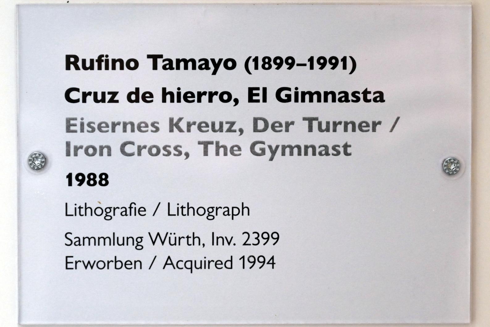 Rufino Tamayo (1941–1988), Eisernes Kreuz, Der Turner, Schwäbisch Hall, Kunsthalle Würth, Ausstellung "Sport, Spaß und Spiel" vom 13.12.2021 - 26.02.2023, Untergeschoß, 1988, Bild 2/2