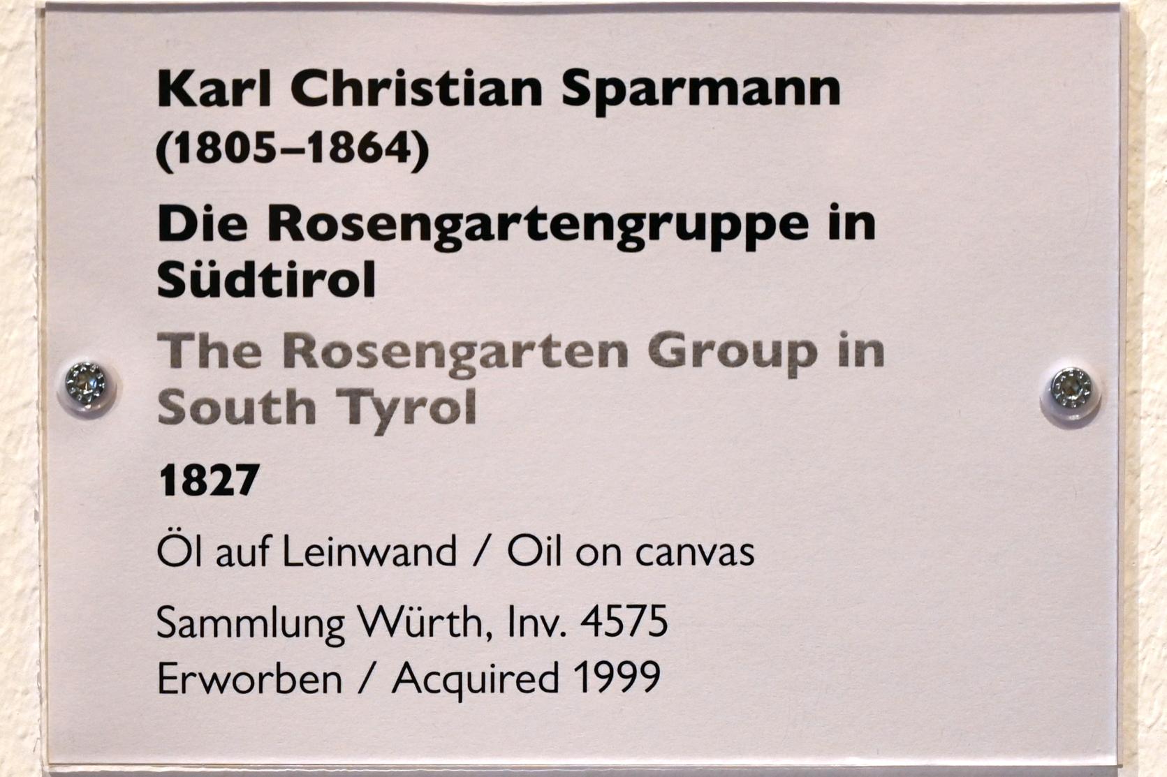 Carl (Karl) Christian Sparmann (1827), Die Rosengartengruppe in Südtirol, Schwäbisch Hall, Kunsthalle Würth, Ausstellung "Sport, Spaß und Spiel" vom 13.12.2021 - 26.02.2023, Untergeschoß, 1827, Bild 2/2