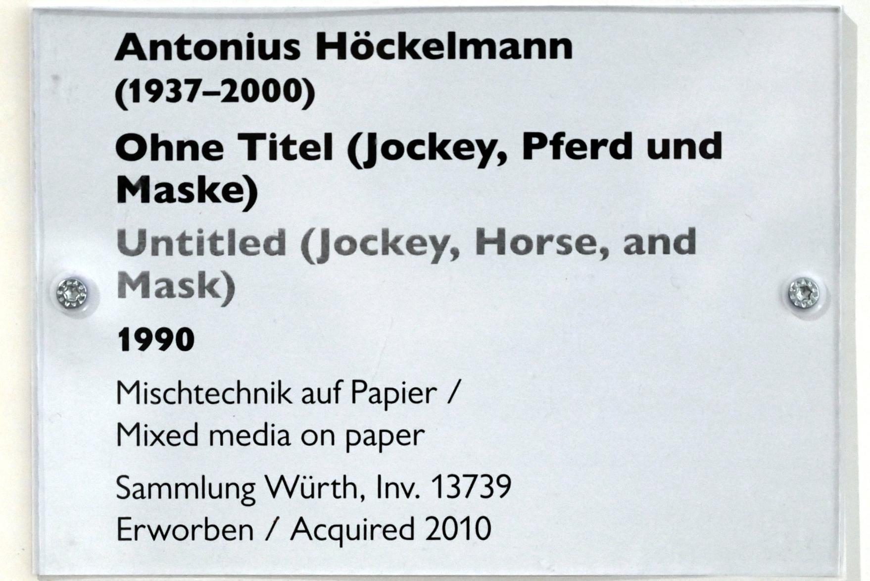 Antonius Höckelmann (1981–1991), Ohne Titel (Jockey, Pferd und Maske), Schwäbisch Hall, Kunsthalle Würth, Ausstellung "Sport, Spaß und Spiel" vom 13.12.2021 - 26.02.2023, Untergeschoß, 1990, Bild 2/2