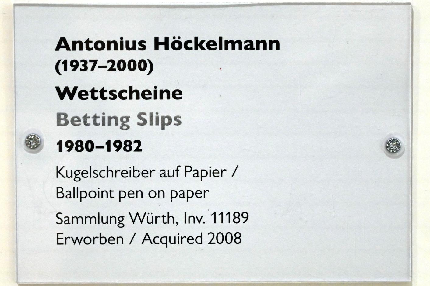 Antonius Höckelmann (1981–1991), Wettscheine, Schwäbisch Hall, Kunsthalle Würth, Ausstellung "Sport, Spaß und Spiel" vom 13.12.2021 - 26.02.2023, Untergeschoß, 1980–1982, Bild 7/7