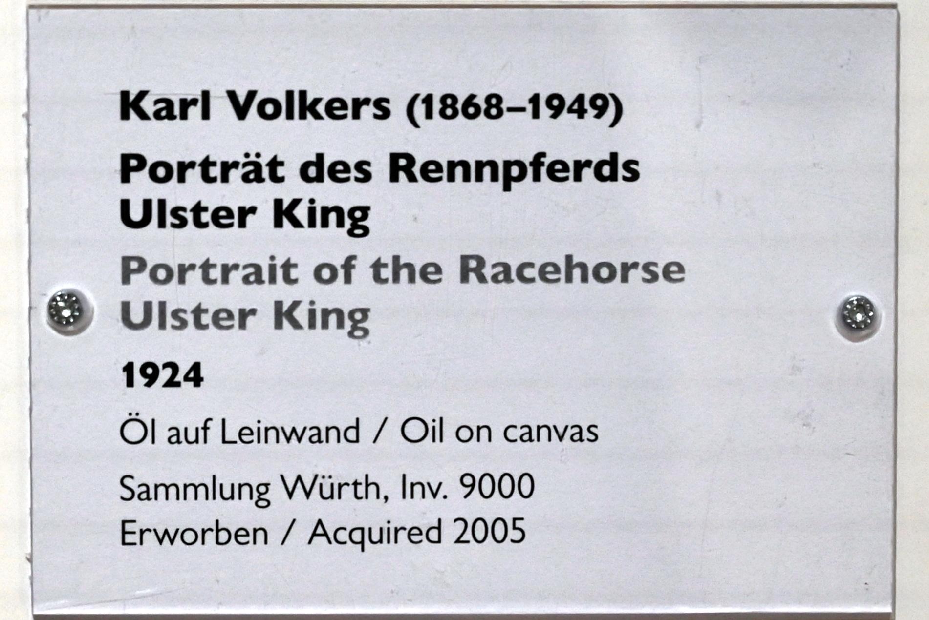 Karl Volkers (1924), Porträt des Rennpferds Ulster King, Schwäbisch Hall, Kunsthalle Würth, Ausstellung "Sport, Spaß und Spiel" vom 13.12.2021 - 26.02.2023, Untergeschoß, 1924, Bild 2/2