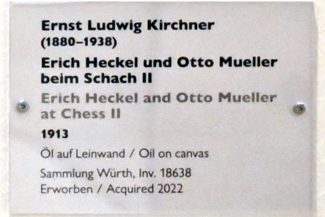 Ernst Ludwig Kirchner (1904–1933), Erich Heckel und Otto Mueller beim Schach II, Schwäbisch Hall, Kunsthalle Würth, Ausstellung "Sport, Spaß und Spiel" vom 13.12.2021 - 26.02.2023, Untergeschoß, 1913, Bild 2/2
