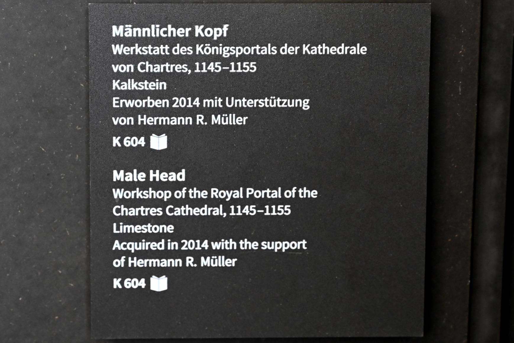 Männlicher Kopf, Chartres, Kathedrale Notre-Dame, jetzt Köln, Museum Schnütgen, Saal 1, 1145–1155, Bild 3/3