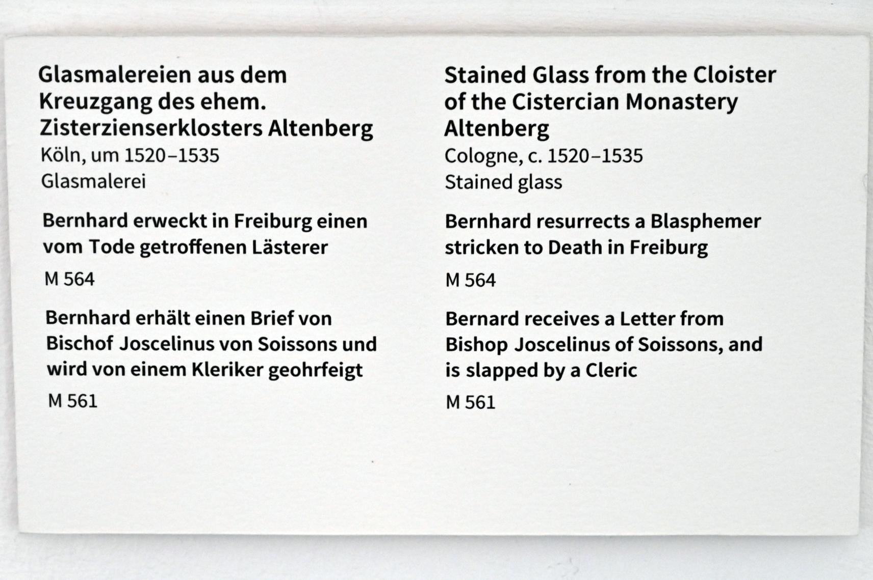 Bernhard erhält einen Brief von Bischof Joscelinus von Soissons und wird von einem Kleriker geohrfeigt, Altenberg (Bergisches Land), ehem. Zisterzienserkloster Altenberg, jetzt Köln, Museum Schnütgen, Saal 1, um 1520–1535, Bild 2/2