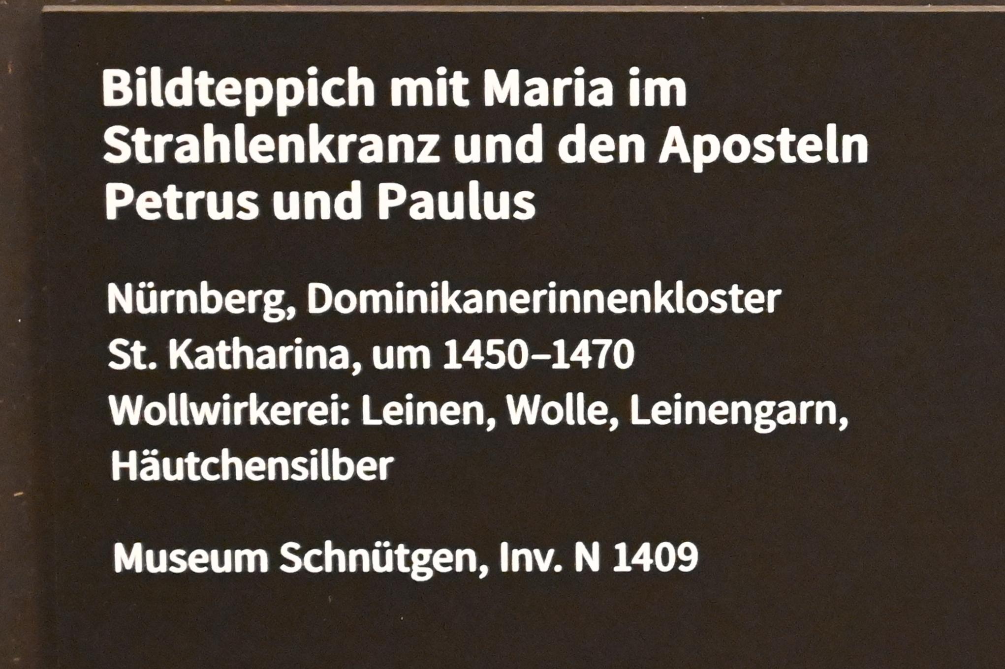 Bildteppich mit Maria im Strahlenkranz und den Aposteln Petrus und Paulus, Nürnberg, ehem. Dominikanerinnenkloster St. Katharina, jetzt Köln, Museum Schnütgen, Saal 8, um 1450–1470, Bild 2/2