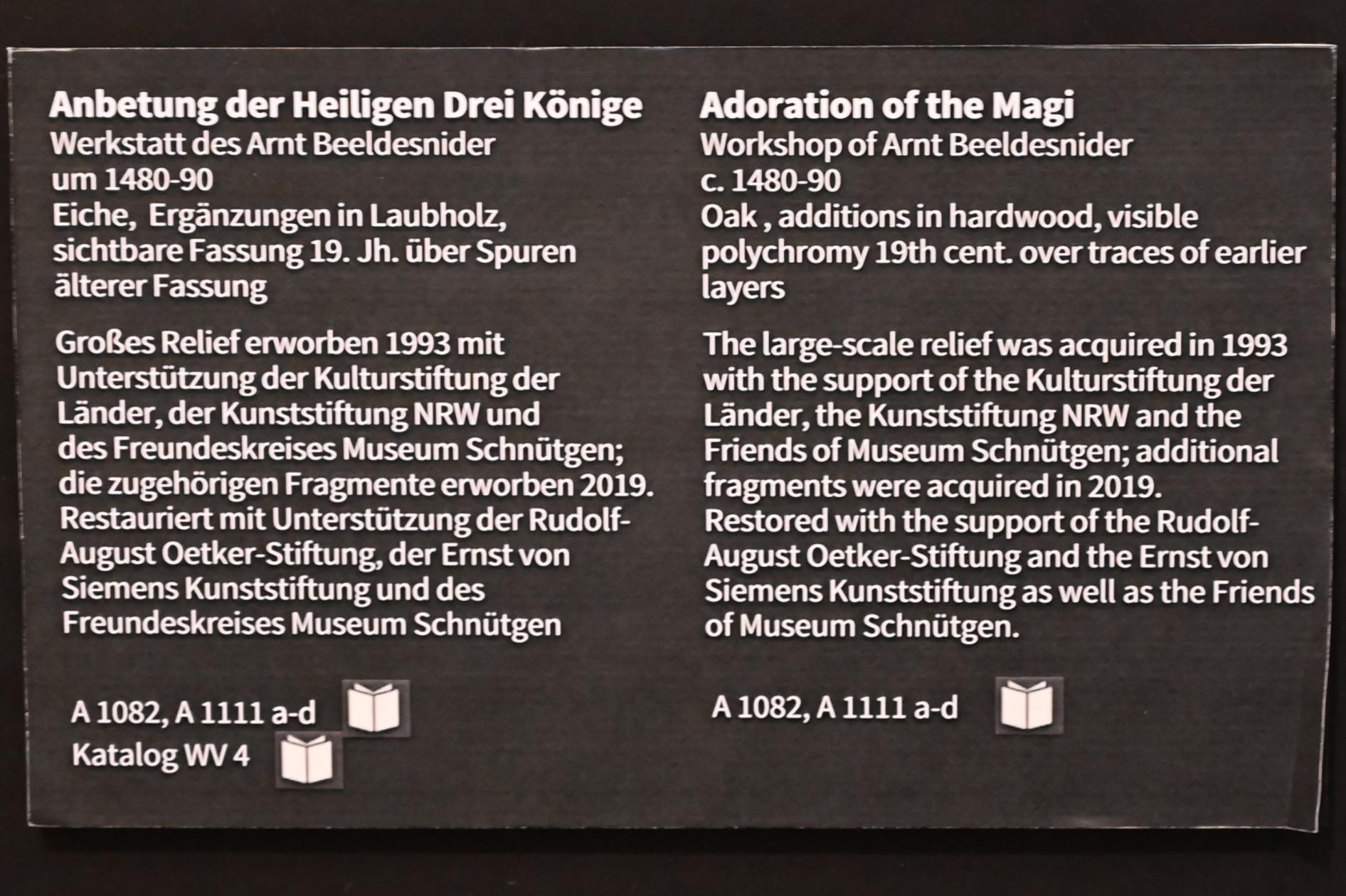 Arnt Beeldsnider (Arnt van Zwolle) (Werkstatt) (1475–1492), Anbetung der Heiligen Drei Könige, Köln, Museum Schnütgen, Saal 8, um 1480–1490, Bild 3/3