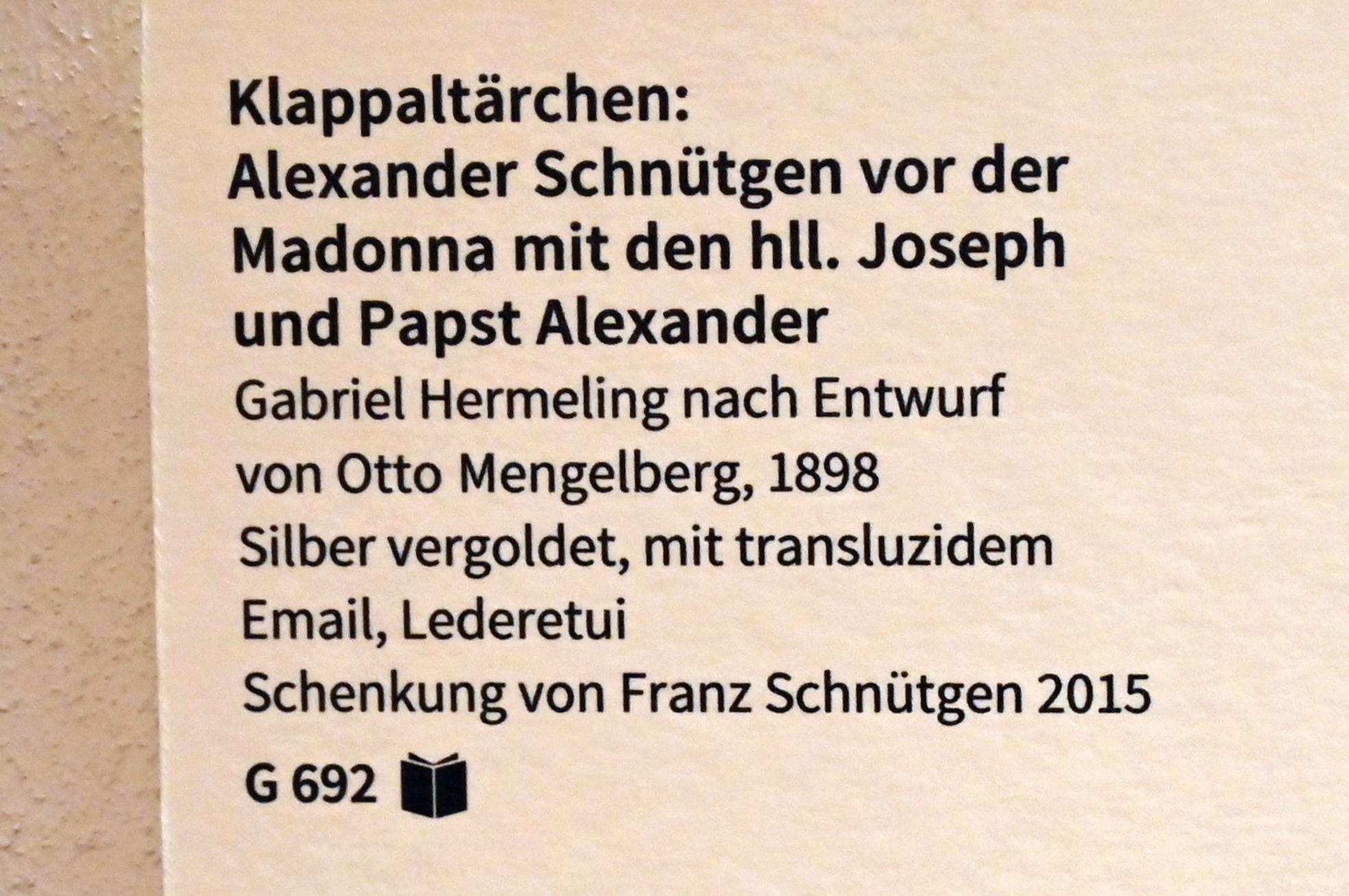Gabriel Hermeling (1898), Klappaltärchen: Alexander Schnütgen vor der Madonna mit den hll. Joseph und Papst Alexander, Köln, Museum Schnütgen, Saal 12, 1898, Bild 3/3
