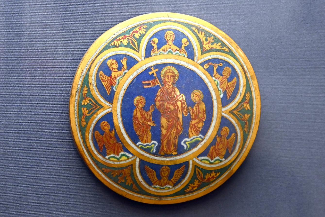 Nikolaus von Verdun (Nachfolge) (1205), Vier Emailmedaillons: Frauen am Grabe, Christus in der Vorhölle, Himmelfahrt Christi und Marienkrönung, Köln, Museum Schnütgen, Saal 12, um 1200–1210, Bild 3/5