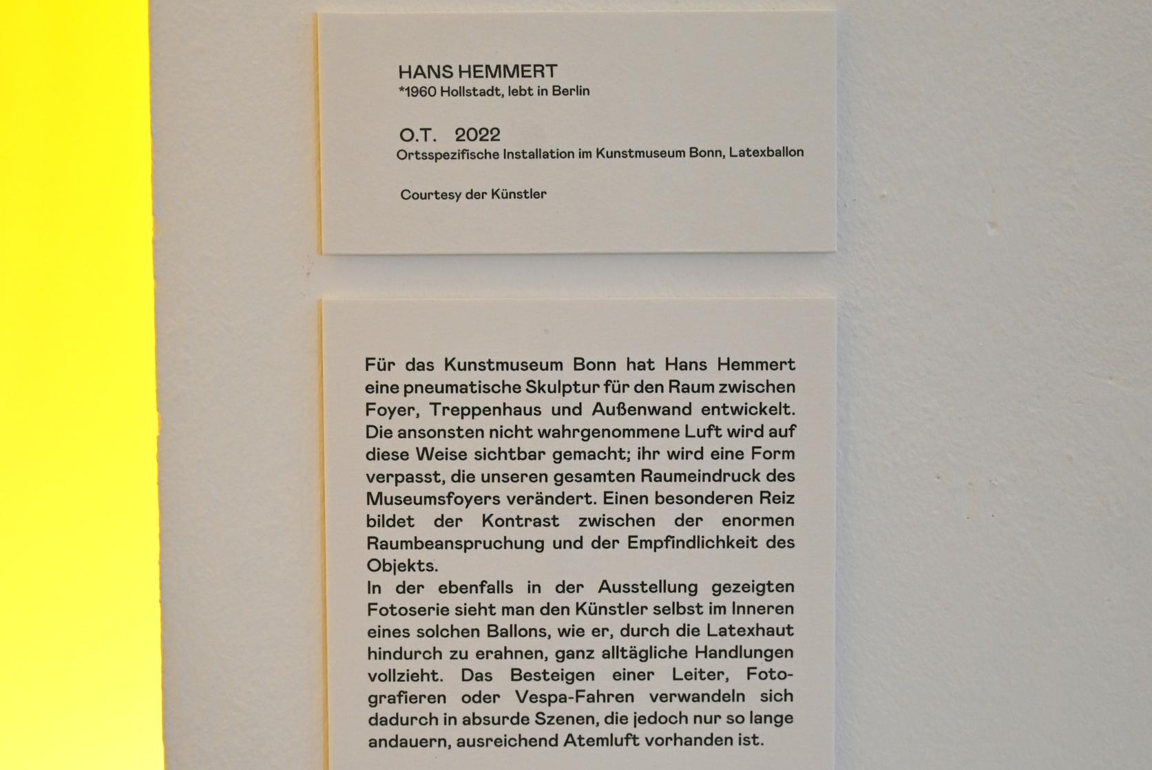 Hans Hemmert (1996–2022), O.T., Bonn, Kunstmuseum, Ausstellung "Welt in der Schwebe" vom 24.02. - 19.06.2022, Eingangshalle, 2022, Bild 3/3
