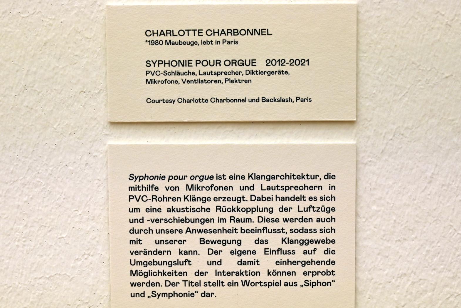 Charlotte Charbonnel (2012), Syphonie pour orgue, Bonn, Kunstmuseum, Ausstellung "Welt in der Schwebe" vom 24.02. - 19.06.2022, Saal 7, 2012, Bild 6/6