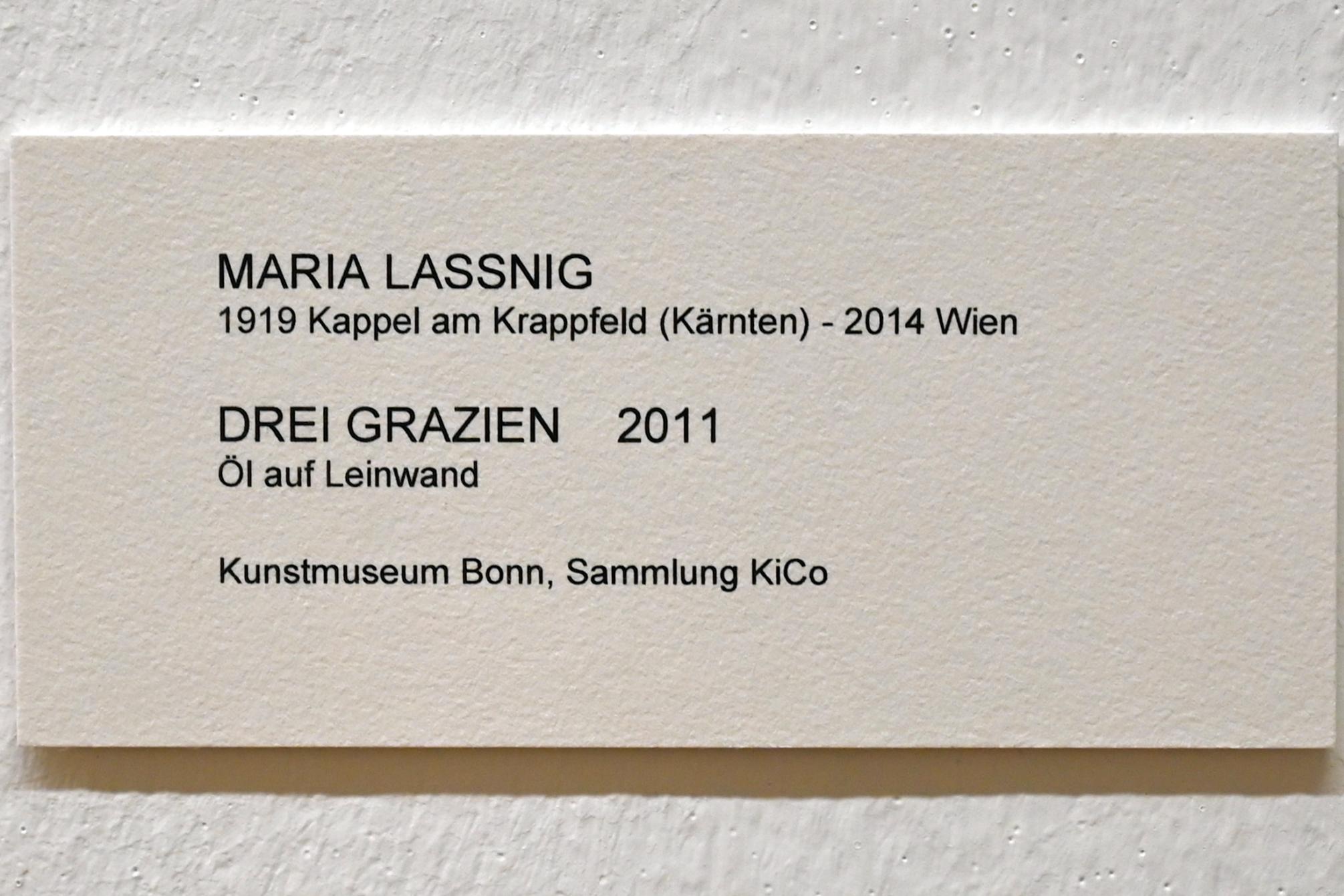 Maria Lassnig (1945–2011), Drei Grazien, Bonn, Kunstmuseum, Ausstellung "Maria Lassnig - Wach bleiben" vom 10.02. - 08.05.2022, Saal 2, 2011, Bild 2/2