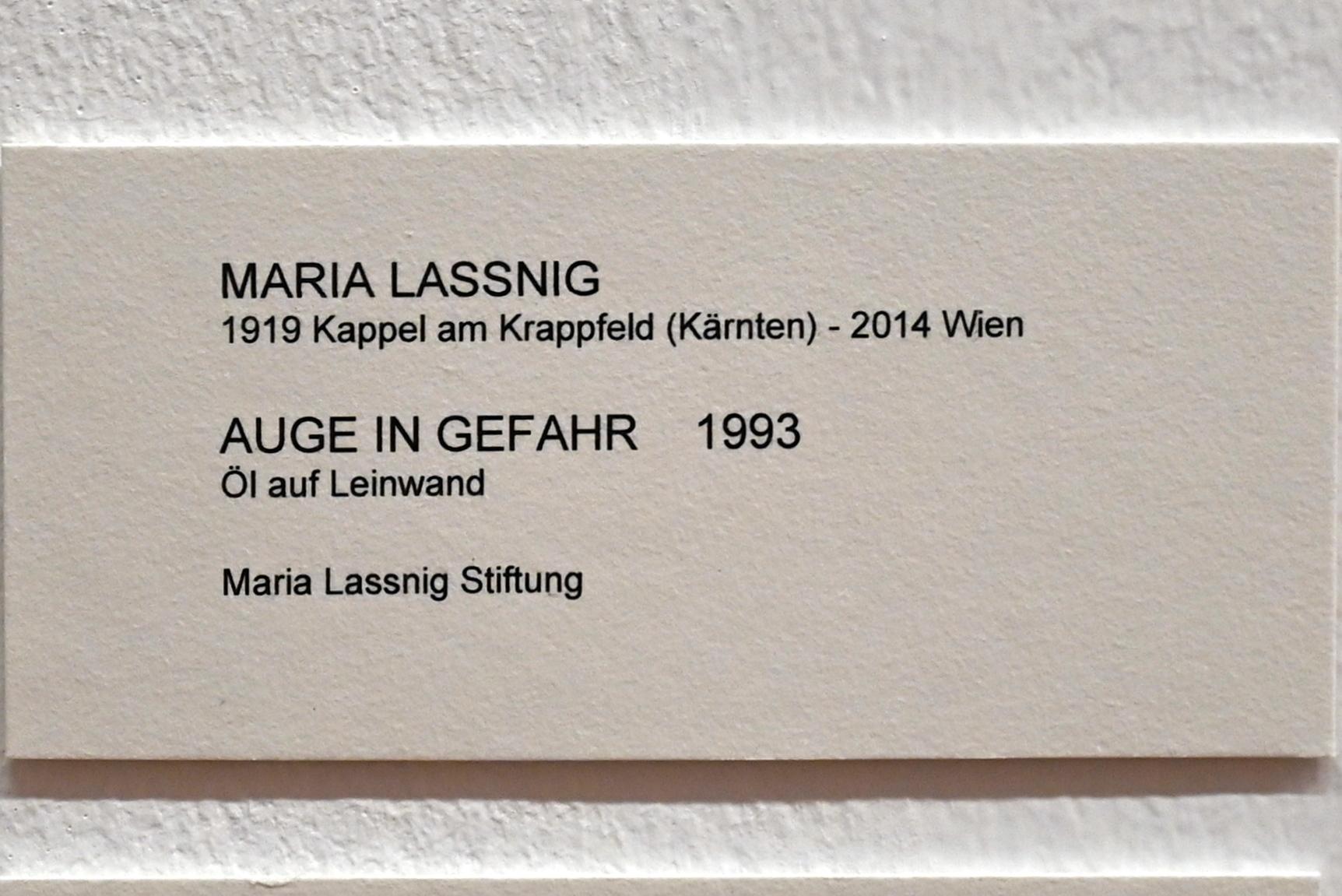 Maria Lassnig (1945–2011), Auge in Gefahr, Bonn, Kunstmuseum, Ausstellung "Maria Lassnig - Wach bleiben" vom 10.02. - 08.05.2022, Saal 2, 1993, Bild 2/2
