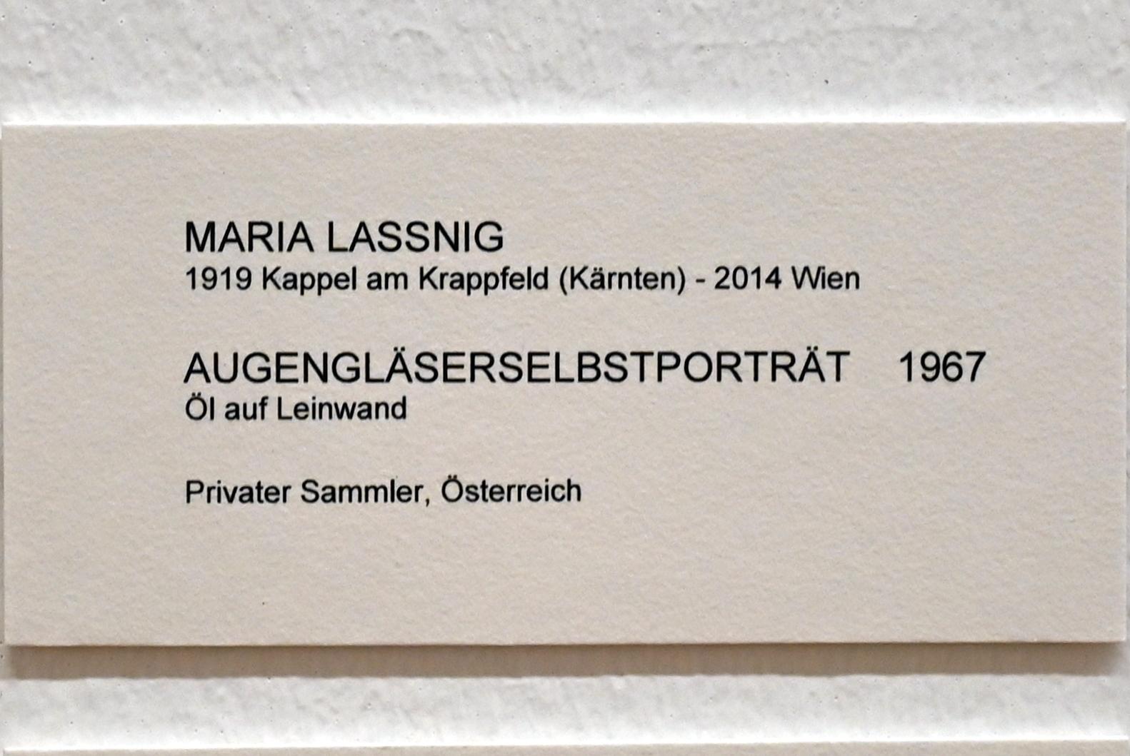 Maria Lassnig (1945–2011), Augengläserselbstporträt, Bonn, Kunstmuseum, Ausstellung "Maria Lassnig - Wach bleiben" vom 10.02. - 08.05.2022, Saal 3, 1967, Bild 2/2