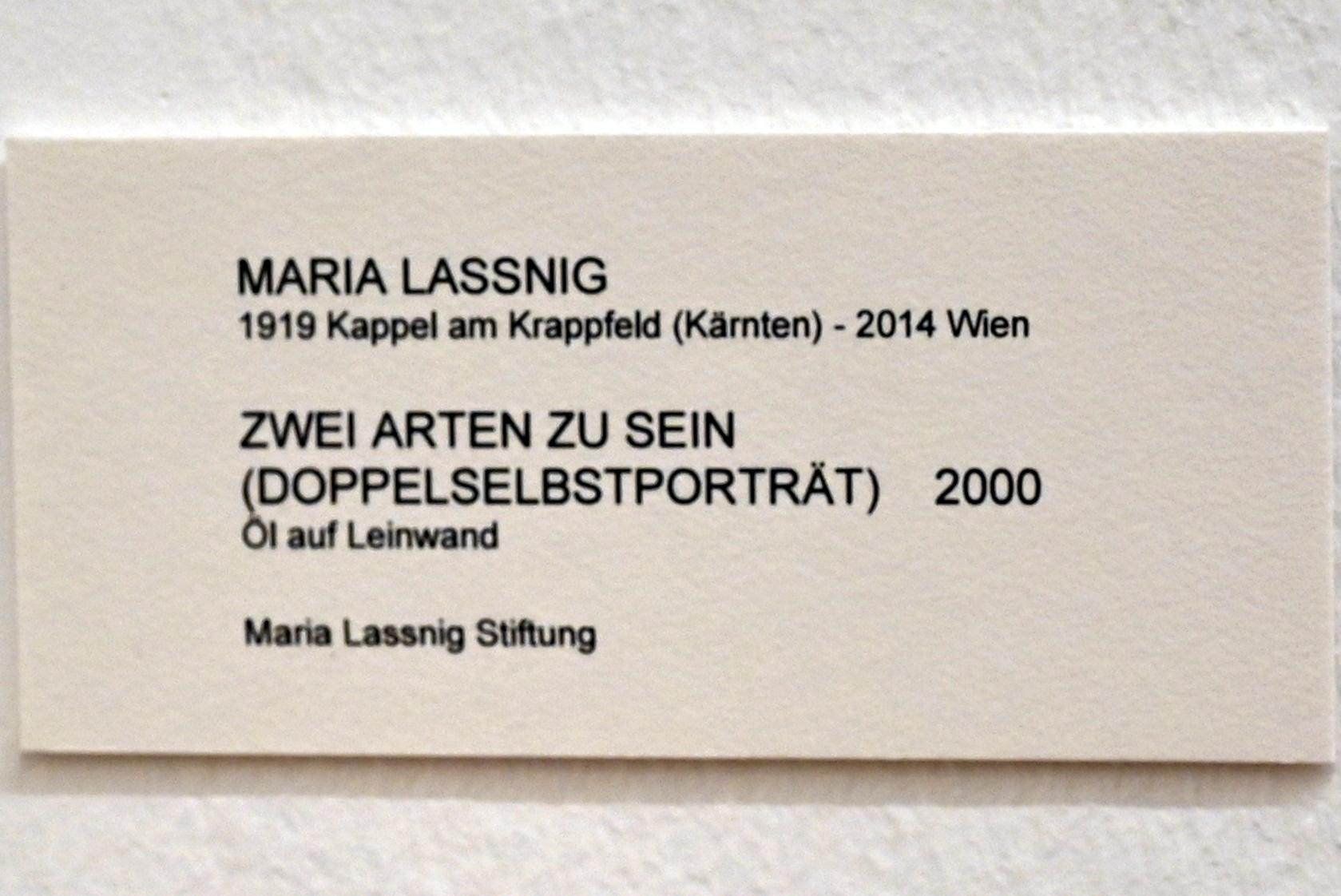 Maria Lassnig (1945–2011), Zwei Arten zu sein (Doppelselbstporträt), Bonn, Kunstmuseum, Ausstellung "Maria Lassnig - Wach bleiben" vom 10.02. - 08.05.2022, Saal 4, 2000, Bild 2/2