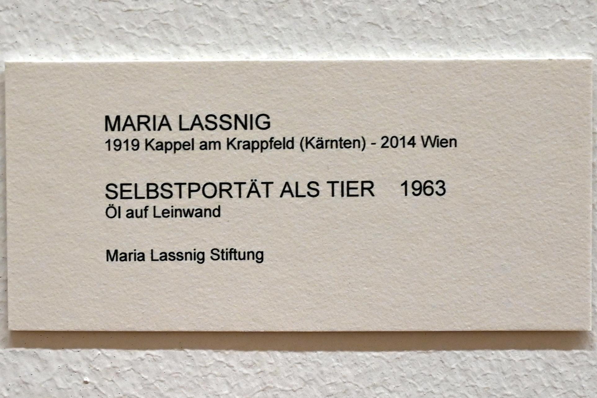 Maria Lassnig (1945–2011), Selbstporträt als Tier, Bonn, Kunstmuseum, Ausstellung "Maria Lassnig - Wach bleiben" vom 10.02. - 08.05.2022, Saal 5, 1963, Bild 2/2