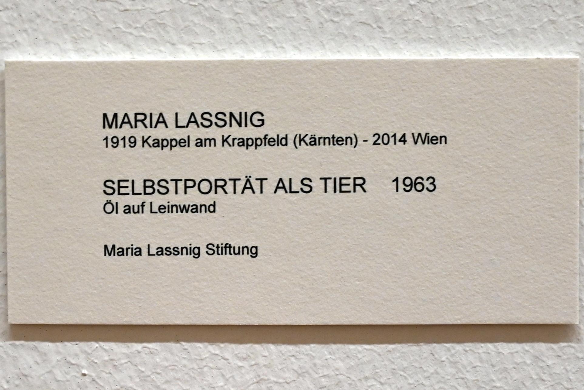 Maria Lassnig (1945–2011), Selbstporträt als Tier, Bonn, Kunstmuseum, Ausstellung "Maria Lassnig - Wach bleiben" vom 10.02. - 08.05.2022, Saal 5, 1963, Bild 2/2