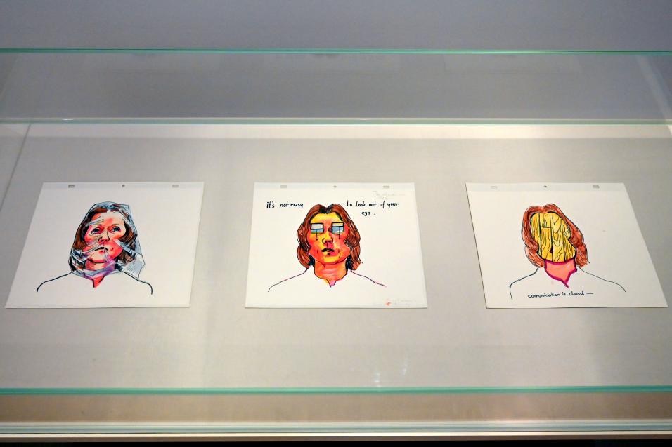 Maria Lassnig (1945–2011), Zeichnungen für den Film Selfportrait, Bonn, Kunstmuseum, Ausstellung "Maria Lassnig - Wach bleiben" vom 10.02. - 08.05.2022, Saal 6, 1971, Bild 2/3