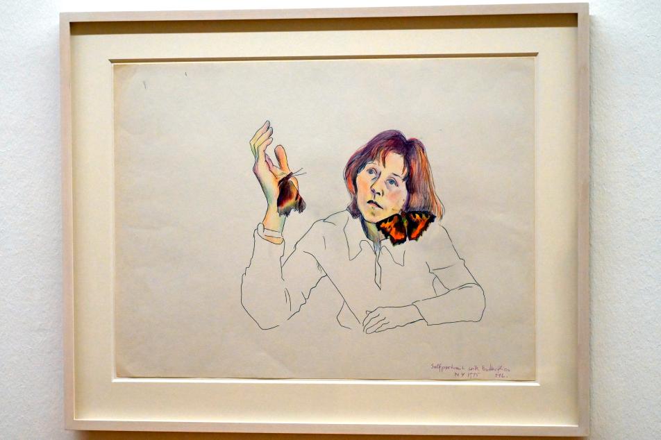 Maria Lassnig (1945–2011): Selbstportrait mit Schmetterlingen, 1975