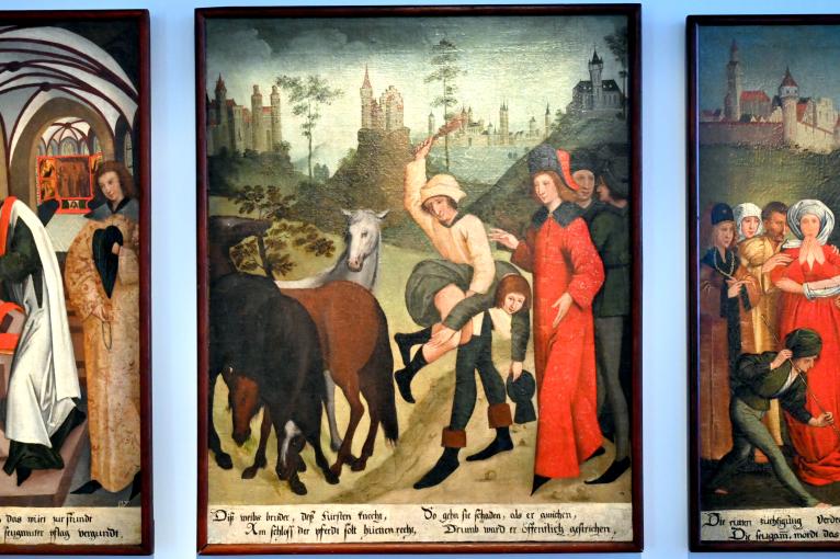 Legende der heiligen Regiswindis: ihr Vater lässt seinen Knecht auspeitschen, Stuttgart, Landesmuseum Württemberg, Mittelalter, um 1620, Bild 1/2