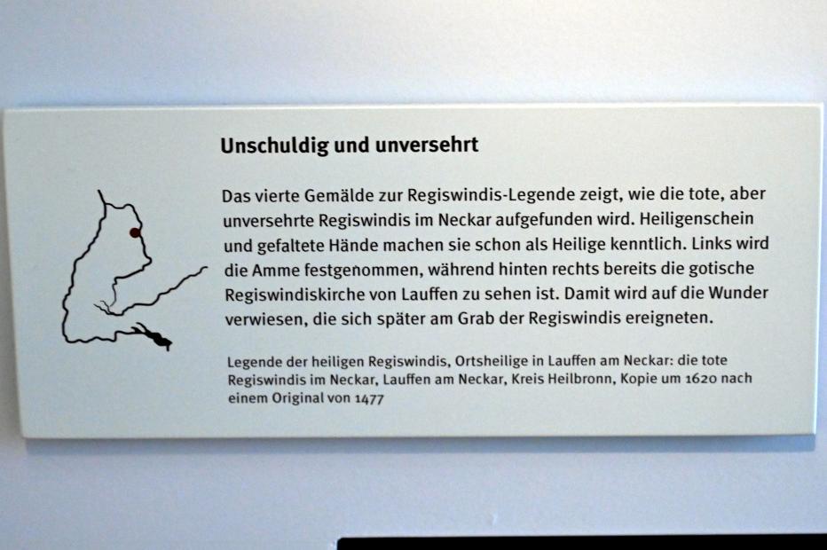 Legende der heiligen Regiswindis: die Tote wird im Neckar aufgefunden, Stuttgart, Landesmuseum Württemberg, Mittelalter, um 1620, Bild 2/2
