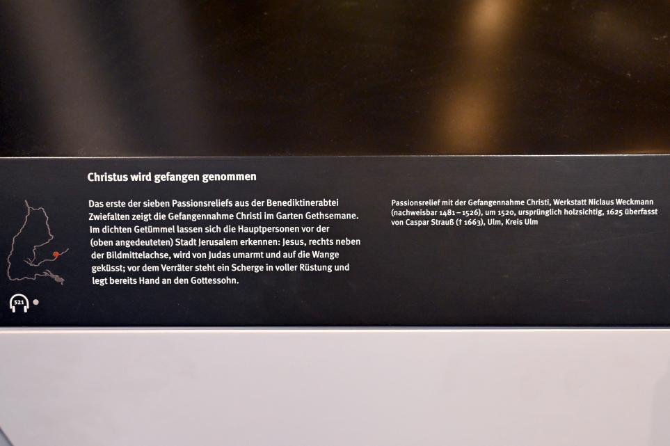 Nikolaus Weckmann (Werkstatt) (1510–1523), Christus wird gefangen genommen, Zwiefalten, ehemalige Benediktinerabtei, heute psychiatrische Klinik, jetzt Stuttgart, Landesmuseum Württemberg, Mittelalter, um 1520, Bild 2/2
