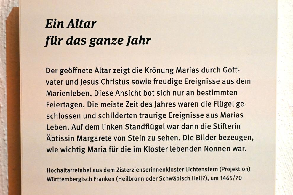 Lichtensterner Altaraufsatz, Lichtenstern ehem. Zisterzienserinnenkloster Stella Praeclara, jetzt Stuttgart, Landesmuseum Württemberg, Mittelalter, um 1465–1470, Bild 6/9