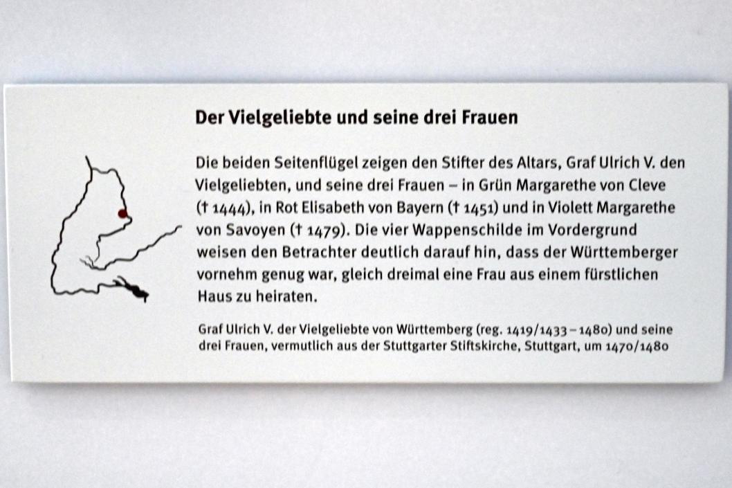 Graf Ulrich V. der Vielgeliebte von Württemberg (reg. 1419/1433-1480) und seine drei Frauen, Stuttgart, Stiftskirche, jetzt Stuttgart, Landesmuseum Württemberg, Herzogtum Württemberg, um 1470–1480, Bild 2/2