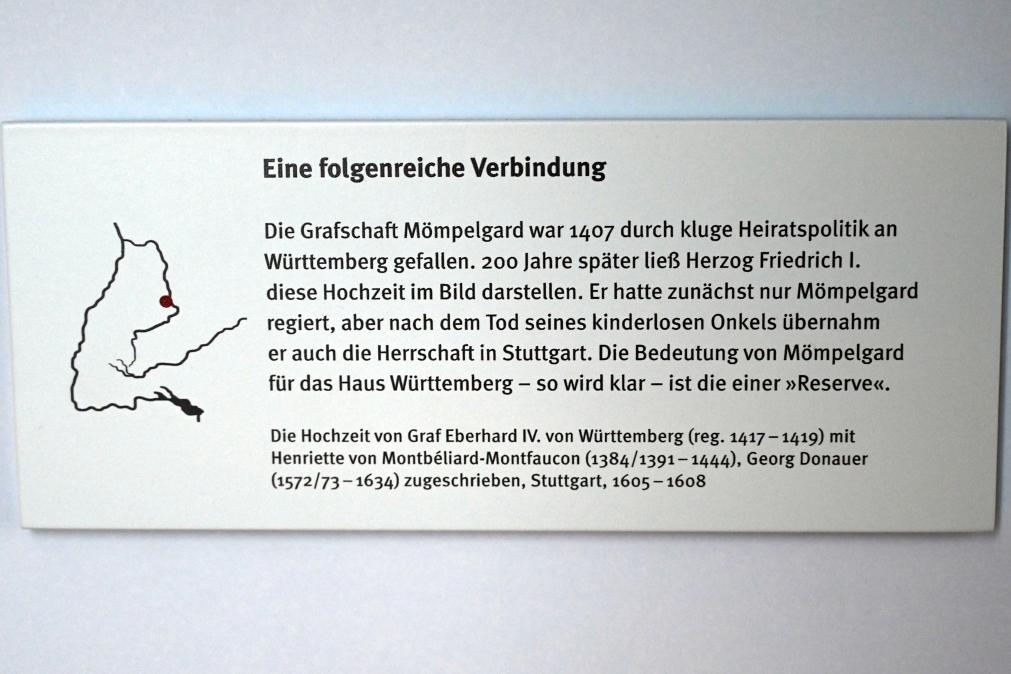 Georg Donauer (1606–1618), Die Hochzeit von Graf Eberhard IV. von Württemberg (reg. 1417-1419) mit Henriette von Montbéliard-Montfaucon (1384/1391-1444), Stuttgart, Landesmuseum Württemberg, Herzogtum Württemberg, 1605–1608, Bild 2/2