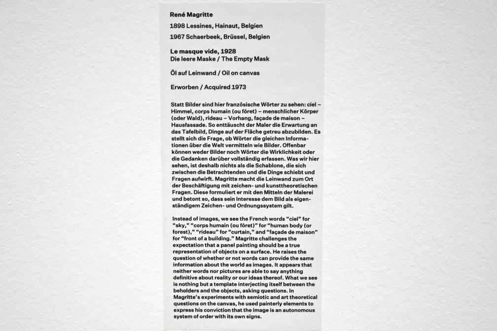 René Magritte (1926–1967), Die leere Maske, Düsseldorf, Kunstsammlung K20, Saal 3, 1928, Bild 2/2