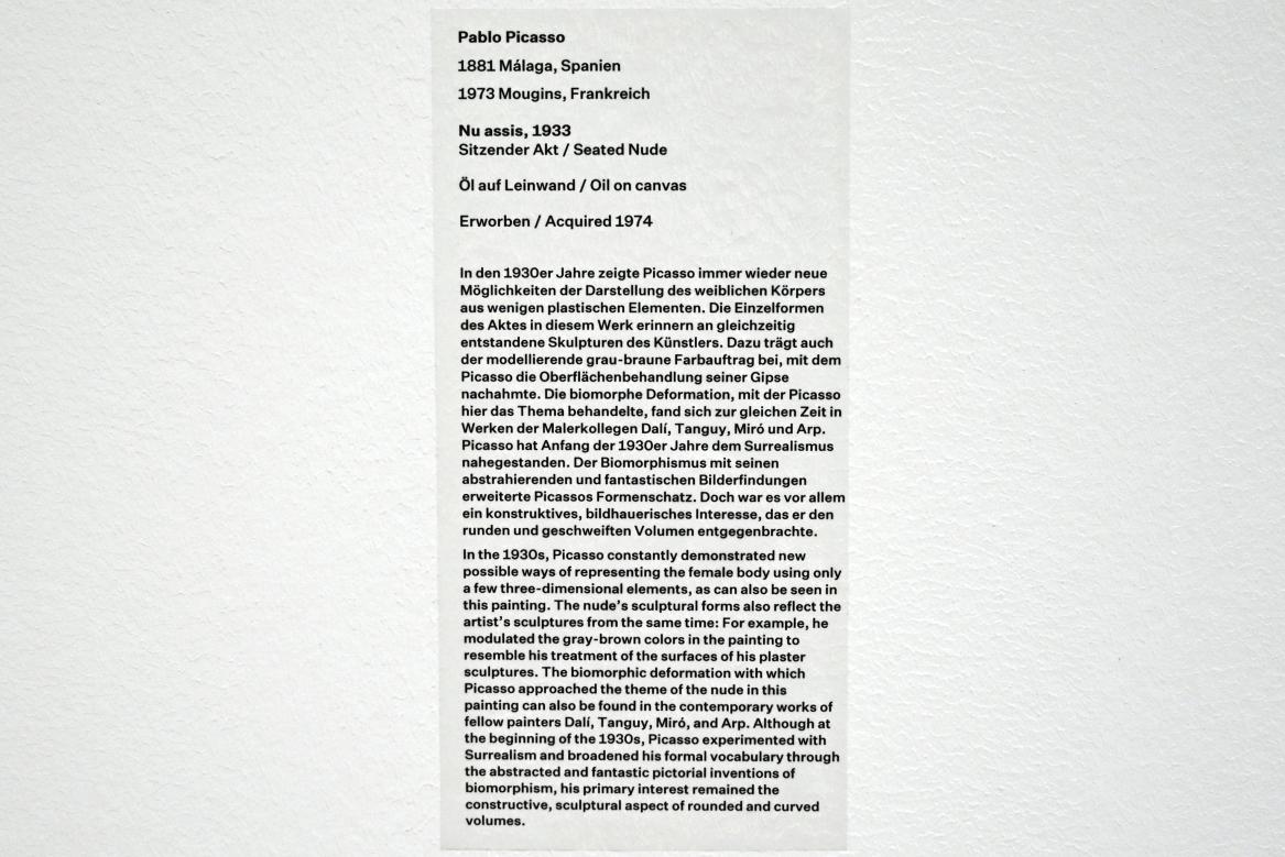 Pablo Picasso (1897–1972), Sitzender Akt, Düsseldorf, Kunstsammlung K20, Saal 7, 1933, Bild 2/2