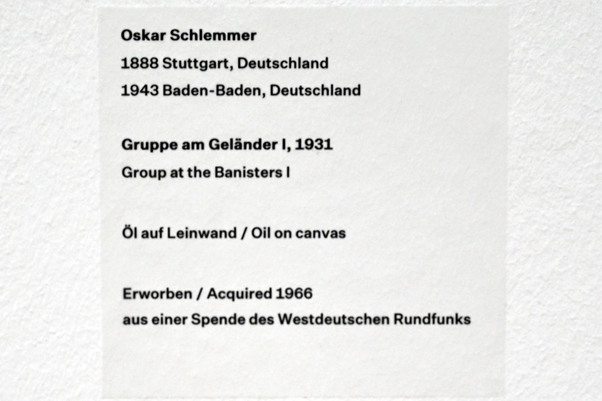 Oskar Schlemmer (1919–1937), Gruppe am Geländer I, Düsseldorf, Kunstsammlung K20, Saal 9, 1931, Bild 2/2