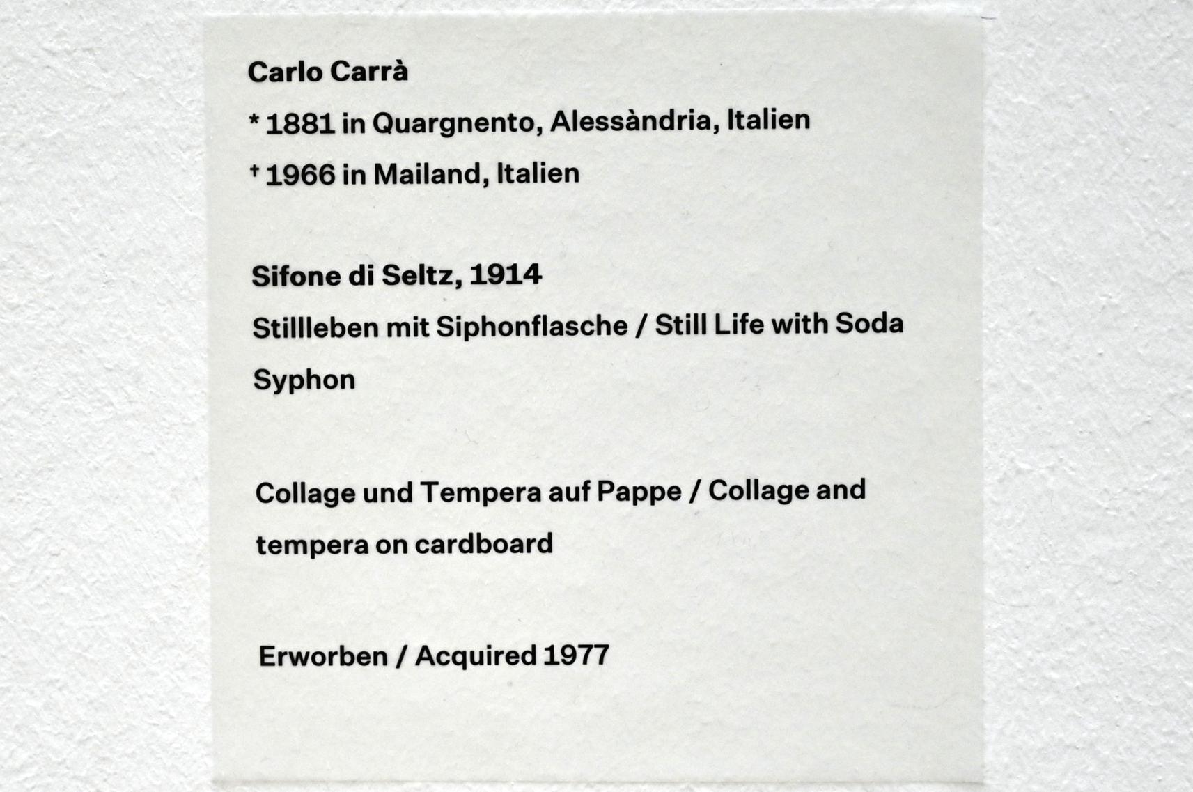 Carlo Carrà (1914–1931), Stillleben mit Siphonflasche, Düsseldorf, Kunstsammlung K20, Saal 9, 1914, Bild 3/3