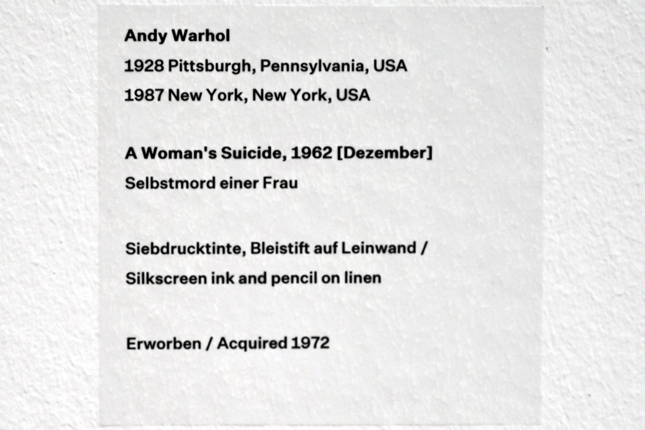 Andy Warhol (1956–1986), Selbstmord einer Frau, Düsseldorf, Kunstsammlung K20, Saal 13, 1962, Bild 2/2