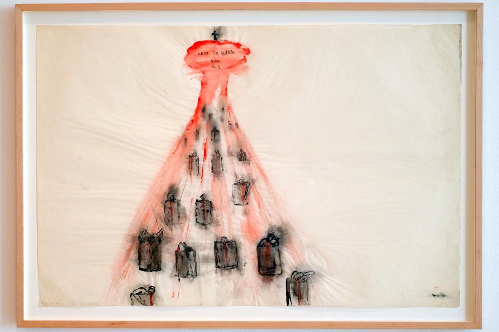 Nancy Spero (1966–1968), Bombe, Kanopenkrüge von Opfern, Düsseldorf, Kunstsammlung K21, 2. Obergeschoss, 1966–1968, Bild 1/2